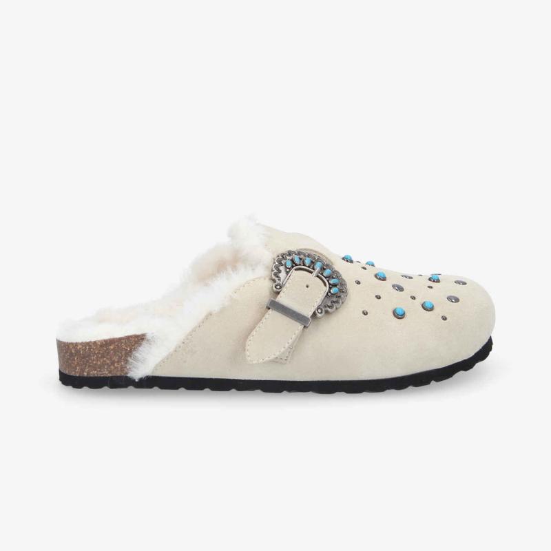 PALOMA CLOG W - SUEDE/FUR/RIVET -  BLANC CASSE/BLEU TURQUOISE